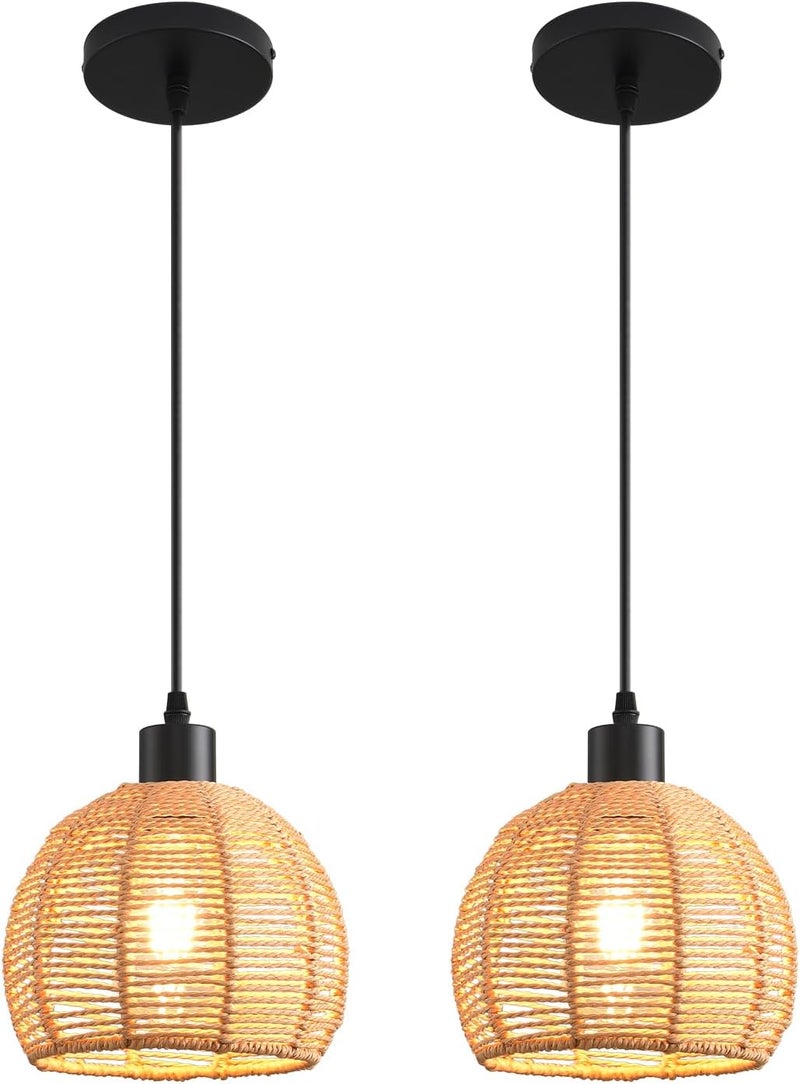 KENMI Woven Pendant Light Boho Chandelier, Rattan Pendant Lights Kitchen Island, Farmhouse Pendant Lighting with Hand Woven Wicker Shade, Boho Chandelier Light Fixtures Ceiling Hanging Light - Image 1